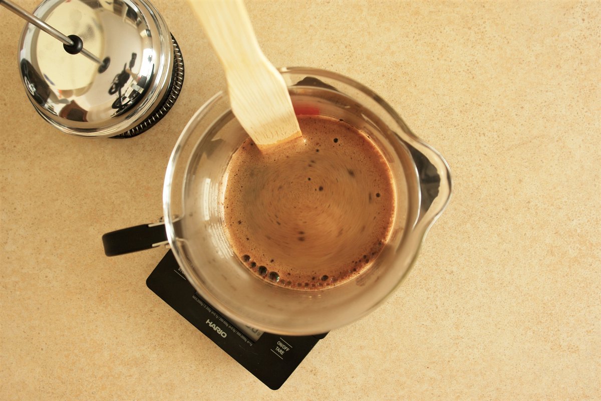 French press - stirring with a bamboo stick